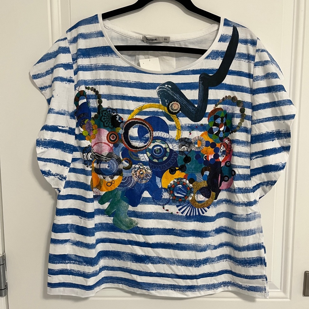Desigual Women’s Striped Butterfly Sleeve T Shirt - Size XXL